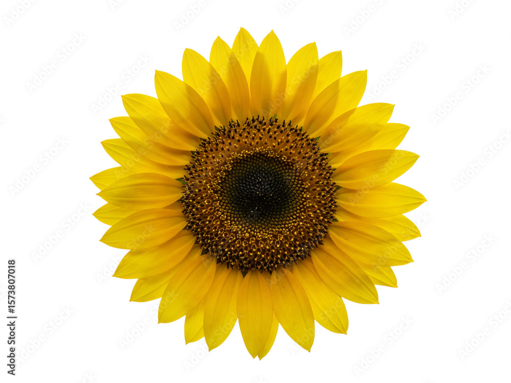 Naklejka premium Close up of a bright yellow sunflower head with detailed petals and center isolated on transparent background