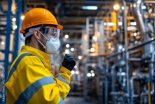A worker in a protective mask handling hazardous materials in a chemical processing plant, clean and professional composition, copy space, natural color, minimalism, stock photography