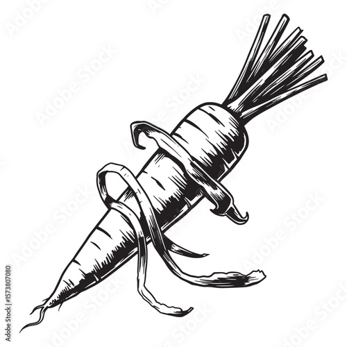 Black and white illustration of a carved carrot with detailed texturing and peeling