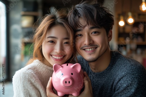 Happy Asian family, young couple holding a piggy bank and model house, symbolizing financial planning and saving for the future, working towards a new home and wealth, Generative AI