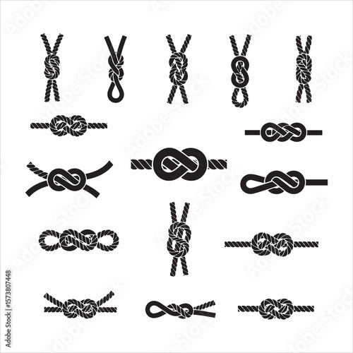 Collection of various nautical knots and rope ties on a white background