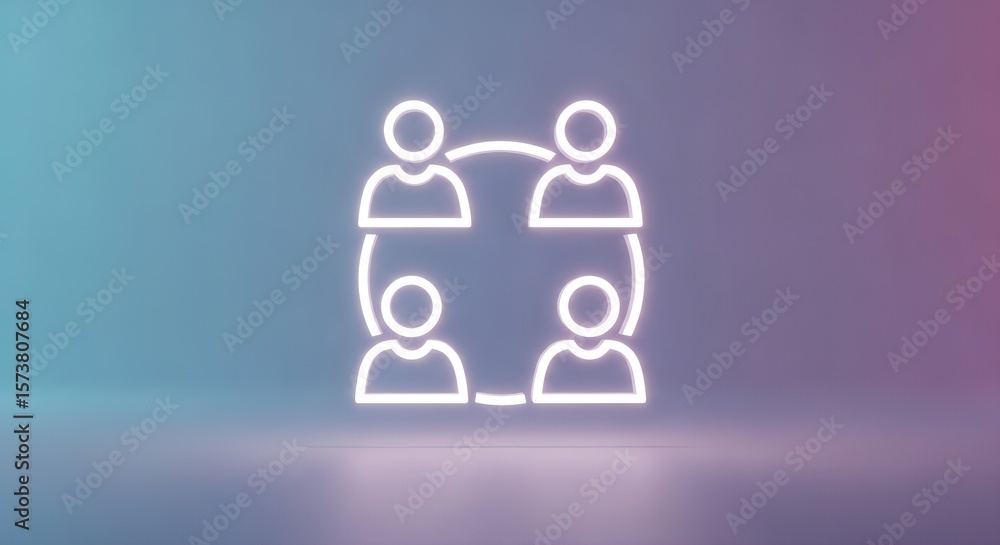 Obraz premium A glowing white outline of four people connected in a circle on a gradient blue and purple background