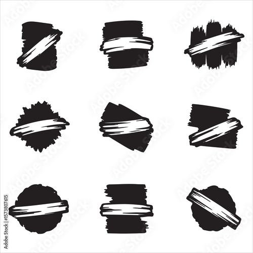 Nine black brush stroke shapes with white bands on white background
