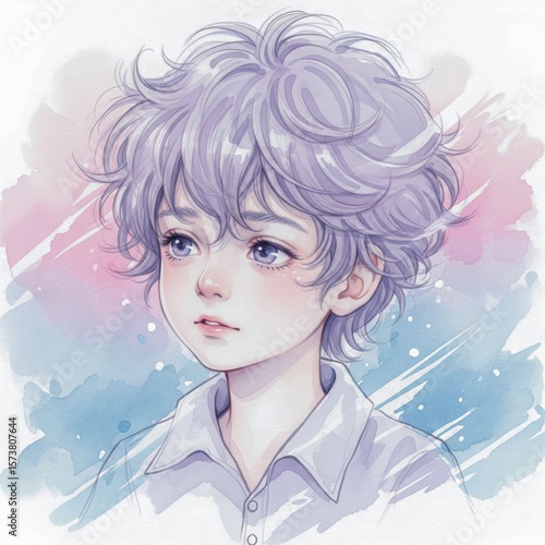 Anime-Style Portrait of a Young Person with Blue Eyes and Curly Hair – Watercolor Background
