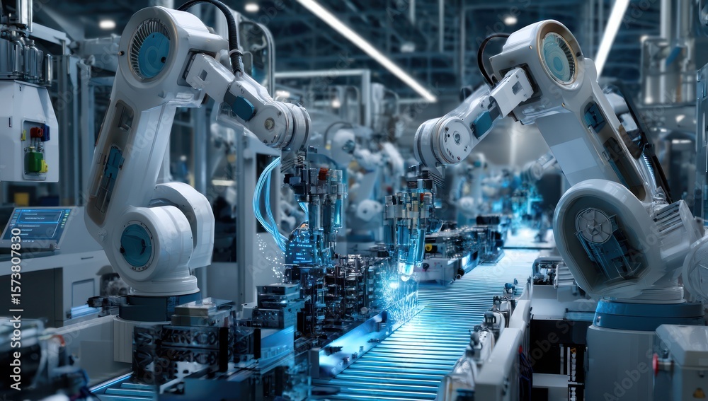 Industrial automation powered by AI robots, transforming manufacturing and logistics. Industrial automation powered by AI robots, transforming manufacturing and logistics.