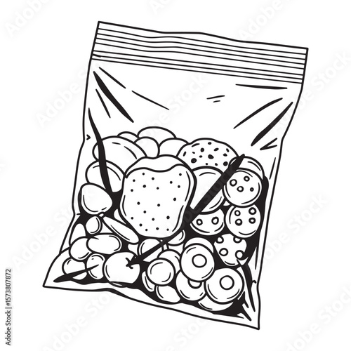 Black and white illustration of a transparent bag full of various cookies and snacks