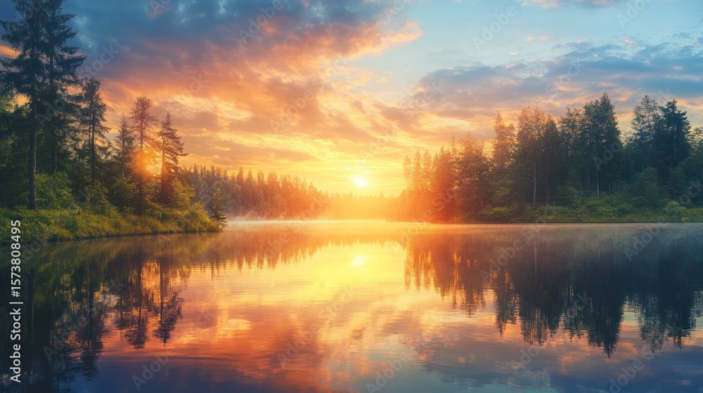 Fototapeta premium Luminous sunset reflecting in a calm lake surrounded by evergreen trees