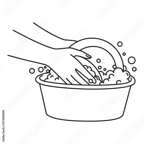 Black and white illustration of hands washing a dish in soapy water inside of a bowl