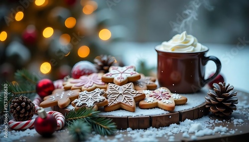 Festive Christmas gingerbread cookies and warm drink create a cozy winter holiday mood with tree, ornaments and pine cones.