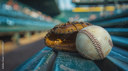 Vintage baseball glove and ball resting on old stadium bench, sports nostalgia