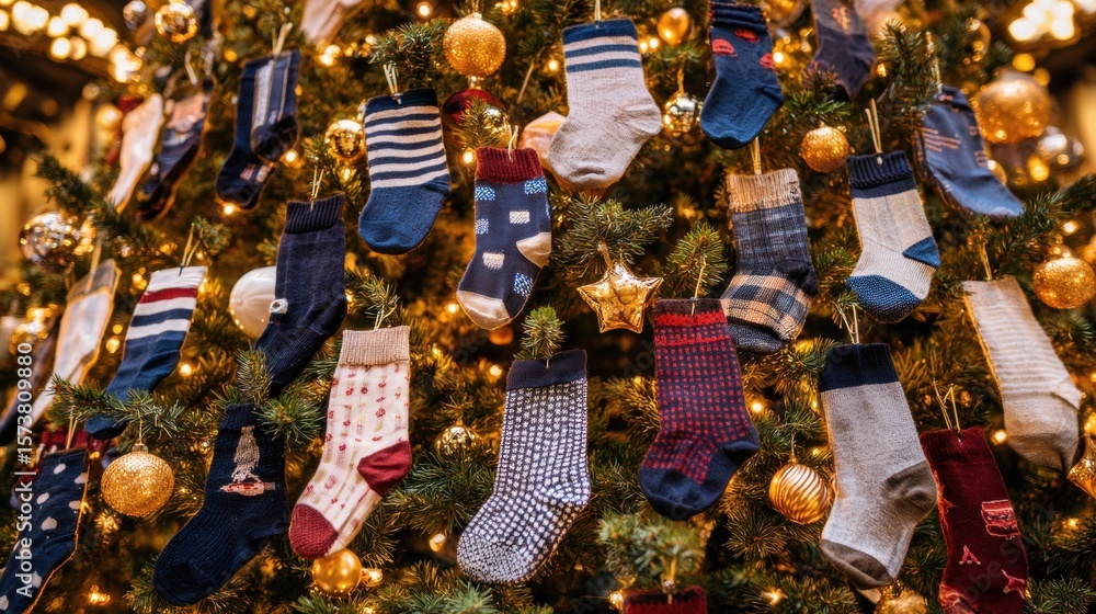 Naklejka premium A Christmas tree adorned with various colorful socks and golden ornaments, creating a festive and cozy holiday atmosphere.