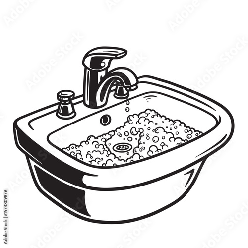 Clean and bubbling washbasin vector illustration depicting bathroom sink with running water and foam