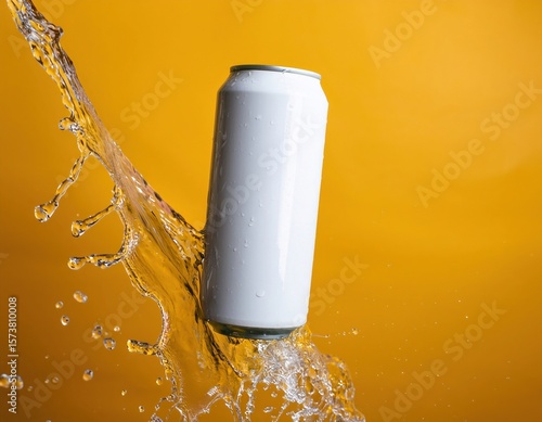 White soda can mockup photo splash of water product photo yellow backdrop floating in the air