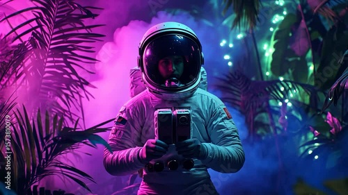 Astronaut in a vibrant, neon-lit, tropical jungle