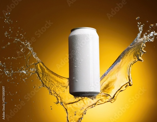 White soda can mockup photo splash of water product photo yellow backdrop floating in the air