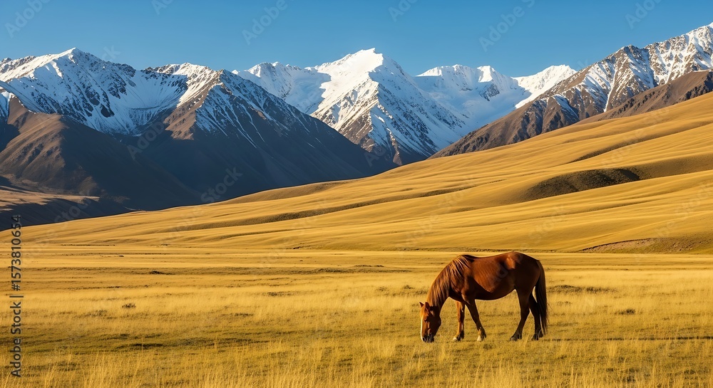 Obraz premium Solitary Chestnut Horse Grazing in Golden Alpine Meadow Majestic SnowCapped Mountains.