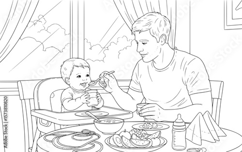 Father feeding baby at high chair during mealtime with bottle and food on table coloring page