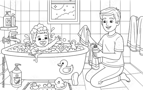 Little kid having fun in the bathtub with parent supervising during bath time coloring page