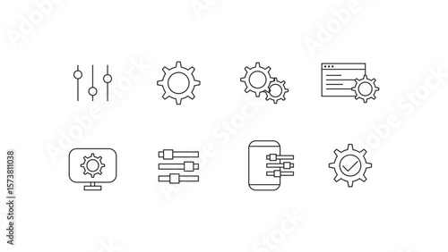 minimalist line icons showing gears sliders and digital devices for settings on a white background