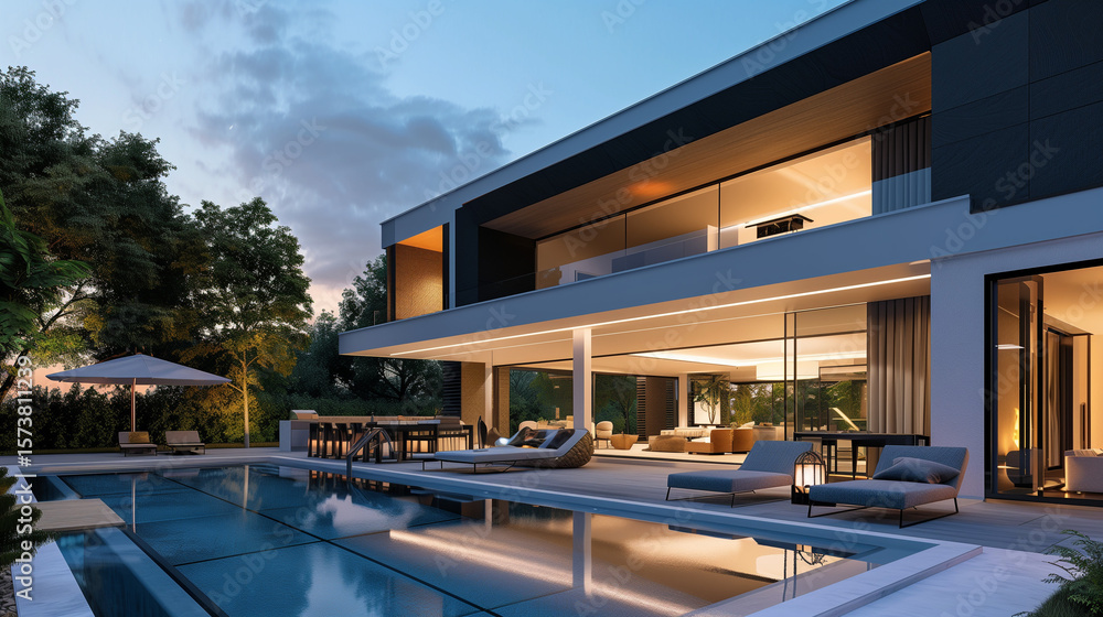 Fototapeta premium Modern Cubic Villa with Swimming Pool Exterior,Modern exterior of a luxury villa in a minimal style,Modern villa with pool and deck with interior