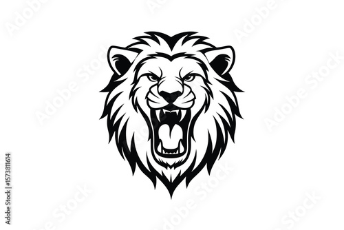 Fierce Lion Head Roaring with Sharp Teeth in Black and White Silhouette