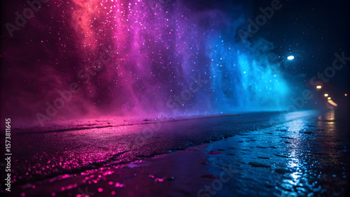 Colorful Neon Fountain at Night with Reflections