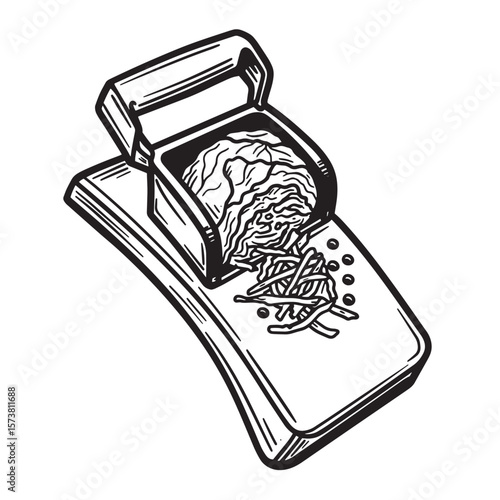 Hand drawn illustration of a grater shredding cabbage preparing ingredients for cooking