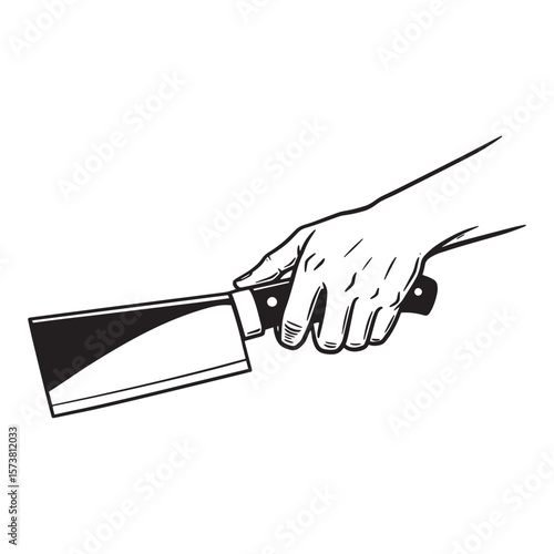 Hand holding a cleaver depicted in detailed black and white line art illustration
