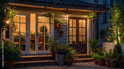 Fototapeta Naklejka Na Ścianę i Meble -  Cozy small house terrace with potted plants and night lightingCozy small house terrace with potted plants and night lighting