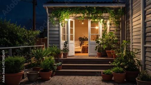Fototapeta Naklejka Na Ścianę i Meble -  Cozy small house terrace with potted plants and night lightingCozy small house terrace with potted plants and night lighting