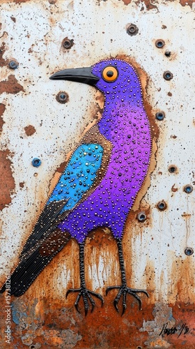 Beaded Purple Bird on Rusty Metal Detailed Avian Artwork