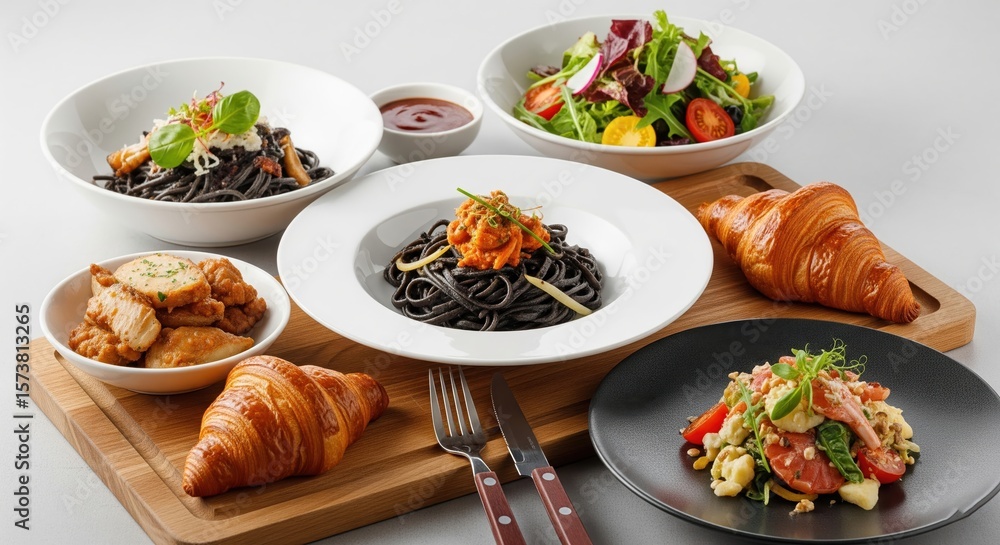 Gourmet Meal: Black Pasta Dishes, Salads, Croissants, and Fried Chicken Gourmet Meal: Black Pasta Dishes, Salads, Croissants, and Fried Chicken