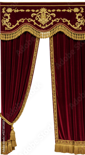 Isolated Background of Red Velvet Curtain Drape With Gold Ornament Detail