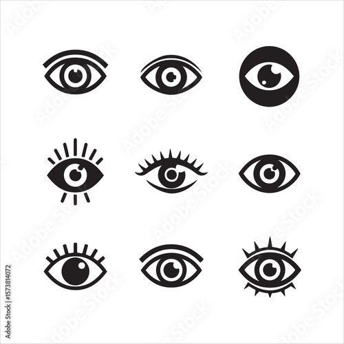 Collection of nine stylized black eye symbols on a white background