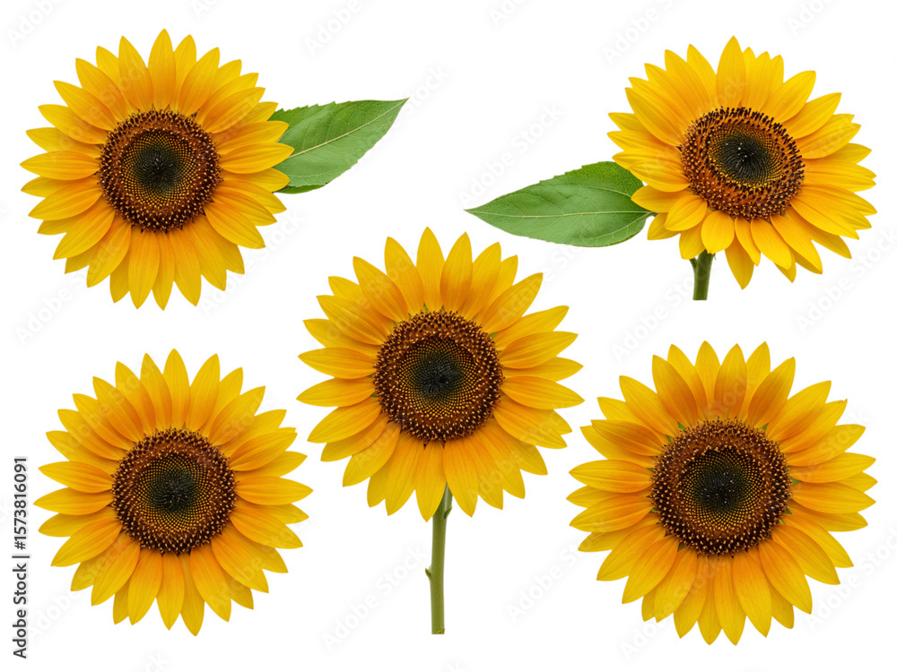 Obraz premium Collection of five bright yellow sunflowers with green leaves isolated on transparent background