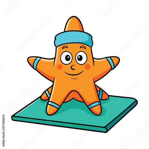 Cartoon orange starfish wearing blue headband on yoga mat