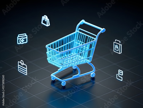 Futuristic glowing blue shopping cart with digital icons representing online shopping