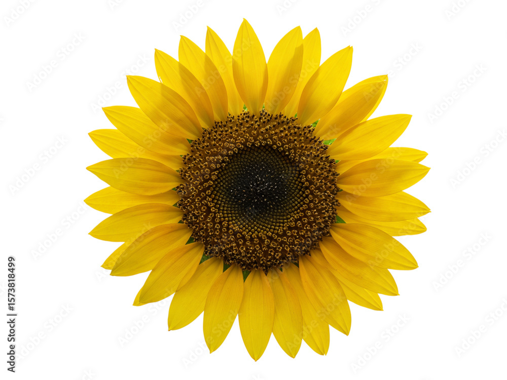 Obraz premium Bright yellow sunflower head with dark center isolated on transparent background
