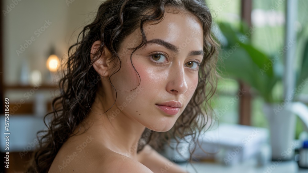 Obraz premium A woman with curly hair in a softly lit bathroom, exuding a serene and natural beauty