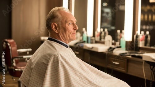 A man in a barber's chair, draped in a striped cape, gazes thoughtfully to the side in a warmly lit barbershop.