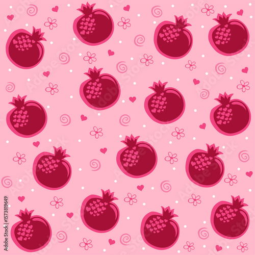 Pomegranate seamless pattern with cute white flowers. Red garnet seamless background design for wrapping paper, cards, packaging. Rosh Hashanah background. Vector illustration