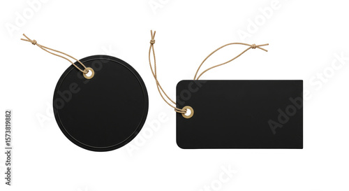 Isolated Black Circle and Rectangle Shape Tags with Strings on Transparent