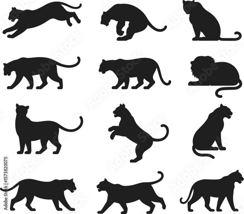 Black wild cat animal silhouette collection, panther lion cheetah in motion and rest, cad drawing, flat vector illustration, isolated