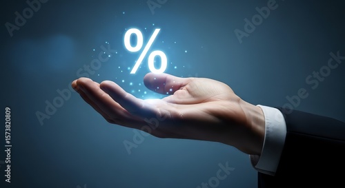 Glowing percentage symbol in a hand represents financial growth, savings, loan rates, investments, and discount opportunities within the market.