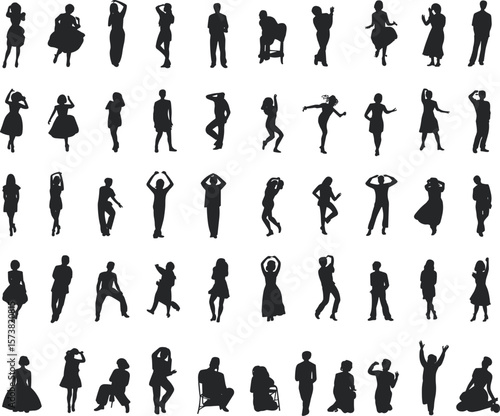 Silhouette man and woman standing, sitting, dancing, posing in various gestures, cad drawing flat vector illustration, people figure clipart set