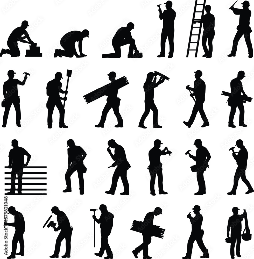 Obraz premium Construction worker silhouette vector, handyman tool action poses, builder with hammer, cad drawing flat vector illustration, black labor figure icons
