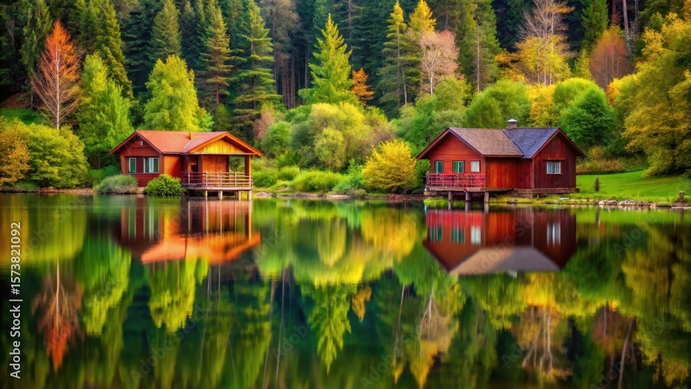 Serene Lakeside Cabins Mirrored in Autumnal Waters, a Picturesque Retreat Serene Lakeside Cabins Mirrored in Autumnal Waters, a Picturesque Retreat