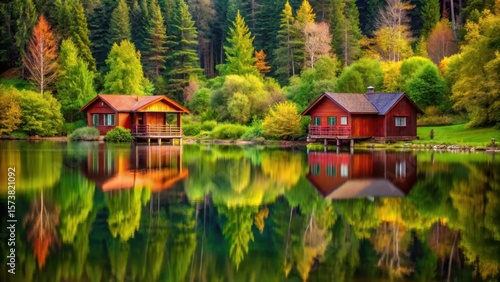 Serene Lakeside Cabins Mirrored in Autumnal Waters, a Picturesque Retreat