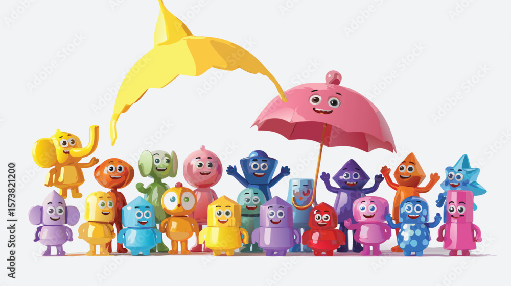 Obraz premium Cartoon Characters of Various Shapes and Colors Gathered Under an Umbrella and Banana Peel