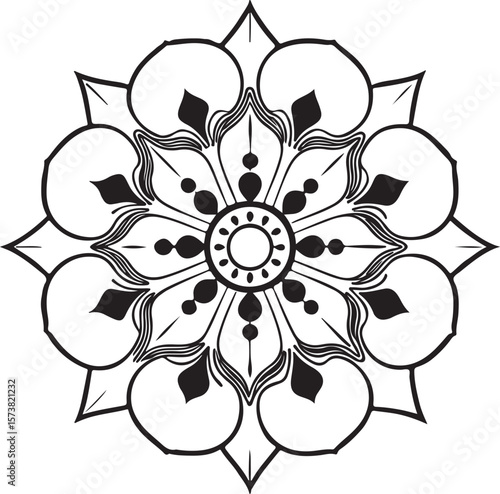 An elegant black and white floral mandala design, radiating symmetry and intricate detail with bold graphic shapes and a minimalist style.
